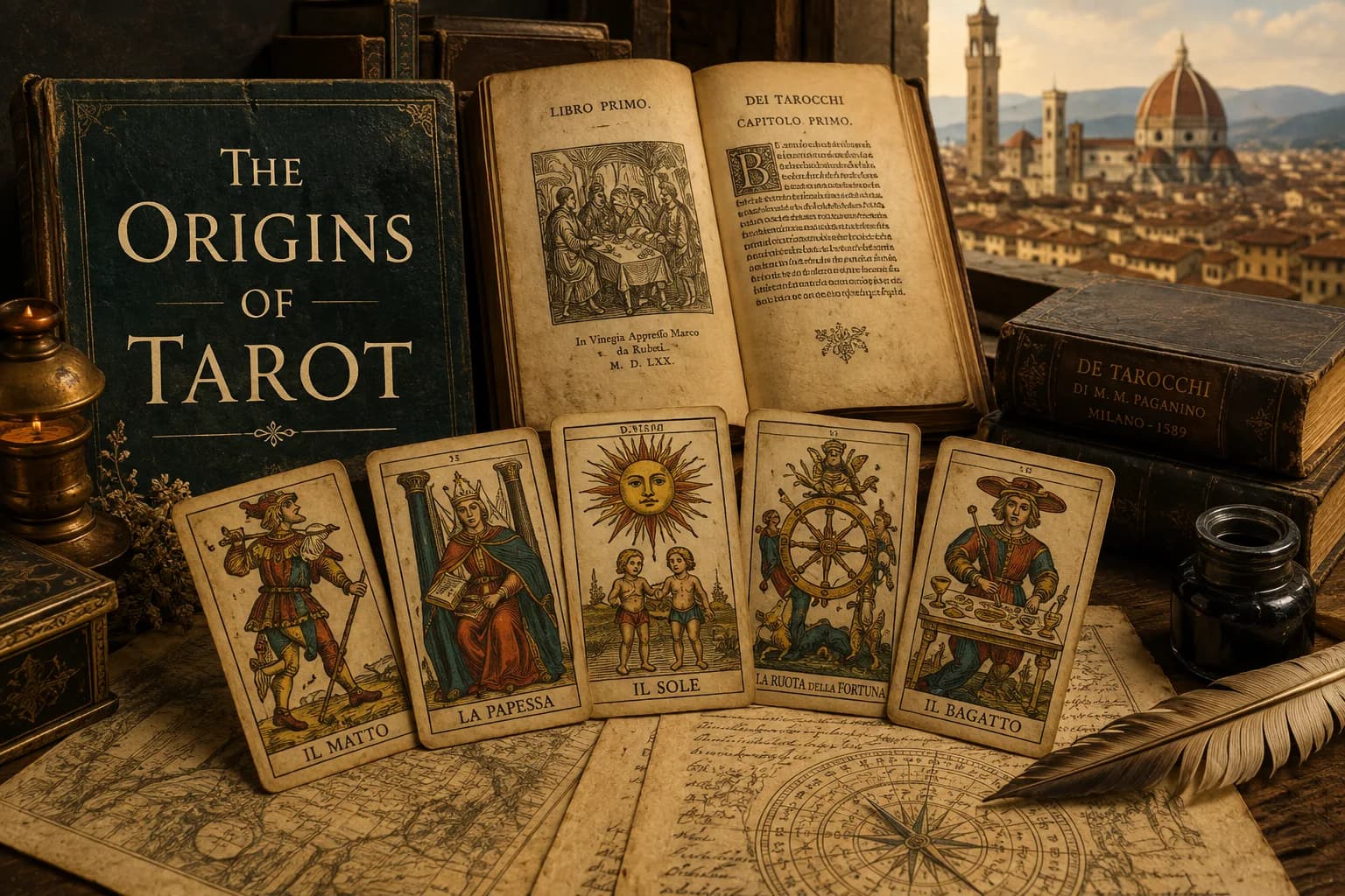 Renaissance-inspired scene with early Tarot cards, manuscripts and books overlooking historic Florence, representing the origins of Tarot.