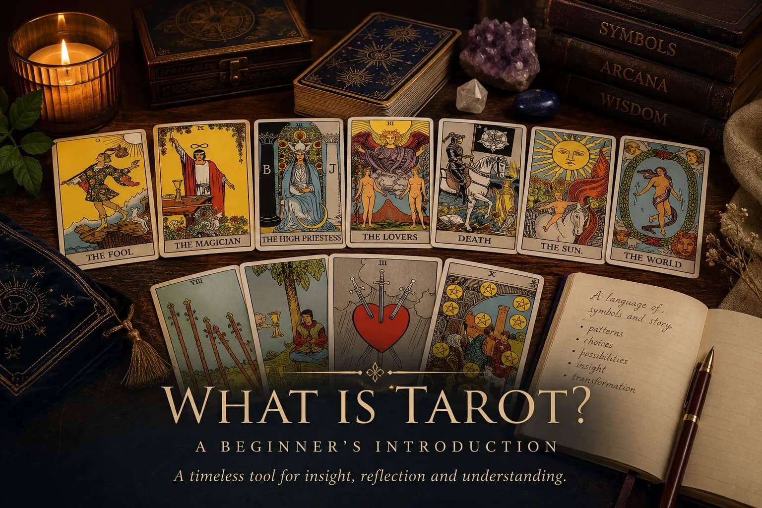 Tarot cards arranged on a candlelit table with books, crystals and a journal, illustrating Tarot as a symbolic tool for insight and reflection.