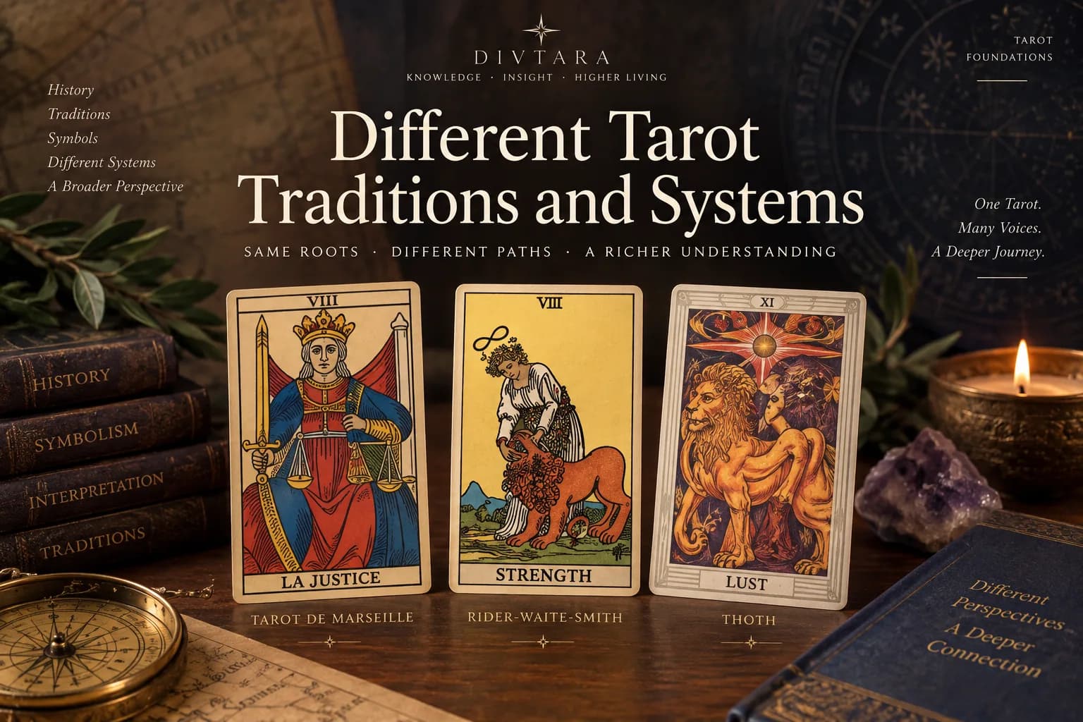 Three Tarot cards representing the Tarot de Marseille, Rider-Waite-Smith and Thoth traditions, illustrating the differences between major Tarot systems.